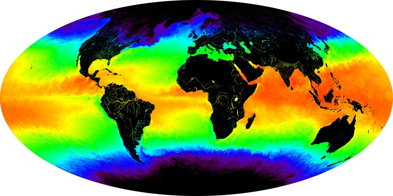 Kuvan ansio: MODIS Ocean Group, NASA GSFC ja Miamin yliopisto: meren pinnan lämpötila väärässä värikuvassa. kuukauden yhdistelmä toukokuulle 2001. Punainen ja keltainen ilmaisevat lämmintä tekijältä National Aeronautics and Space Administration National Aeronautics and Space Administration