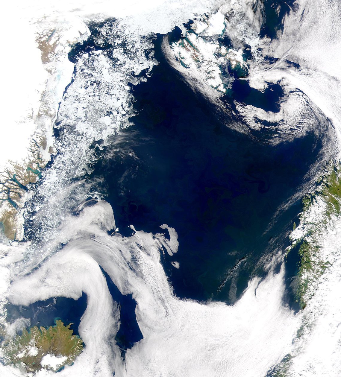 SeaWiFS-projektin, NASAGoddard Space Flight Centren ja ORBIMAGEn ansiot Grönlanninmeren ja Norjanmeren kylmät, tuottavat vedet paljastuvat tässä SeaWiFS-kuvassa. tekijältä National Aeronautics and Space Administration National Aeronautics and Space Administration