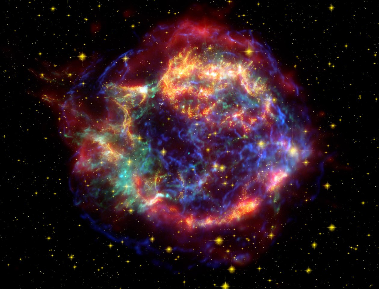Väärävärinen kuva supernovajäännöksestä Cassiopeia A Cassiopeian tähdistössä, 10 000 valovuoden päässä. Se on jäännös kerran massiivisesta tähdestä, joka kuoli supernovaräjähdyksessä. Kiitos NASA. Sci tekijältä National Aeronautics and Space Administration National Aeronautics and Space Administration
