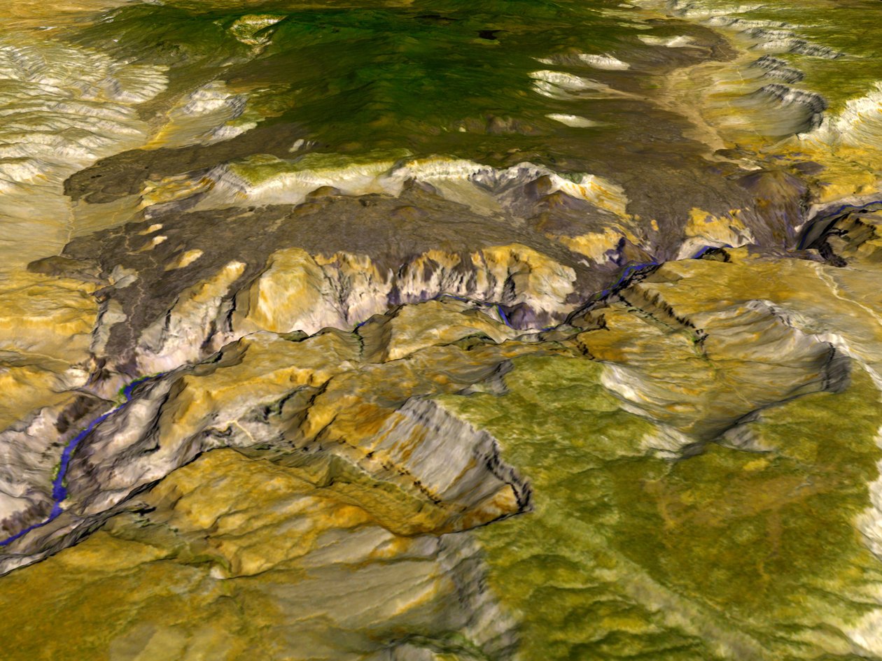 Satelliittilämpösäteily ja heijastuskuva Grand Canyonista, Arizona, USA. Koska eri mineraalit heijastavat eri osia valospektristä, erilainen mineraalikoostumus on näkyvissä. tekijältä National Aeronautics and Space Administration National Aeronautics and Space Administration