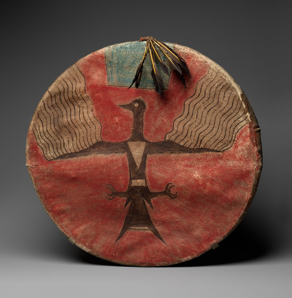 Kilpi, n. 1885 (parkittu nahka, pigmentti, puu ja höyhenet) tekijältä Native American