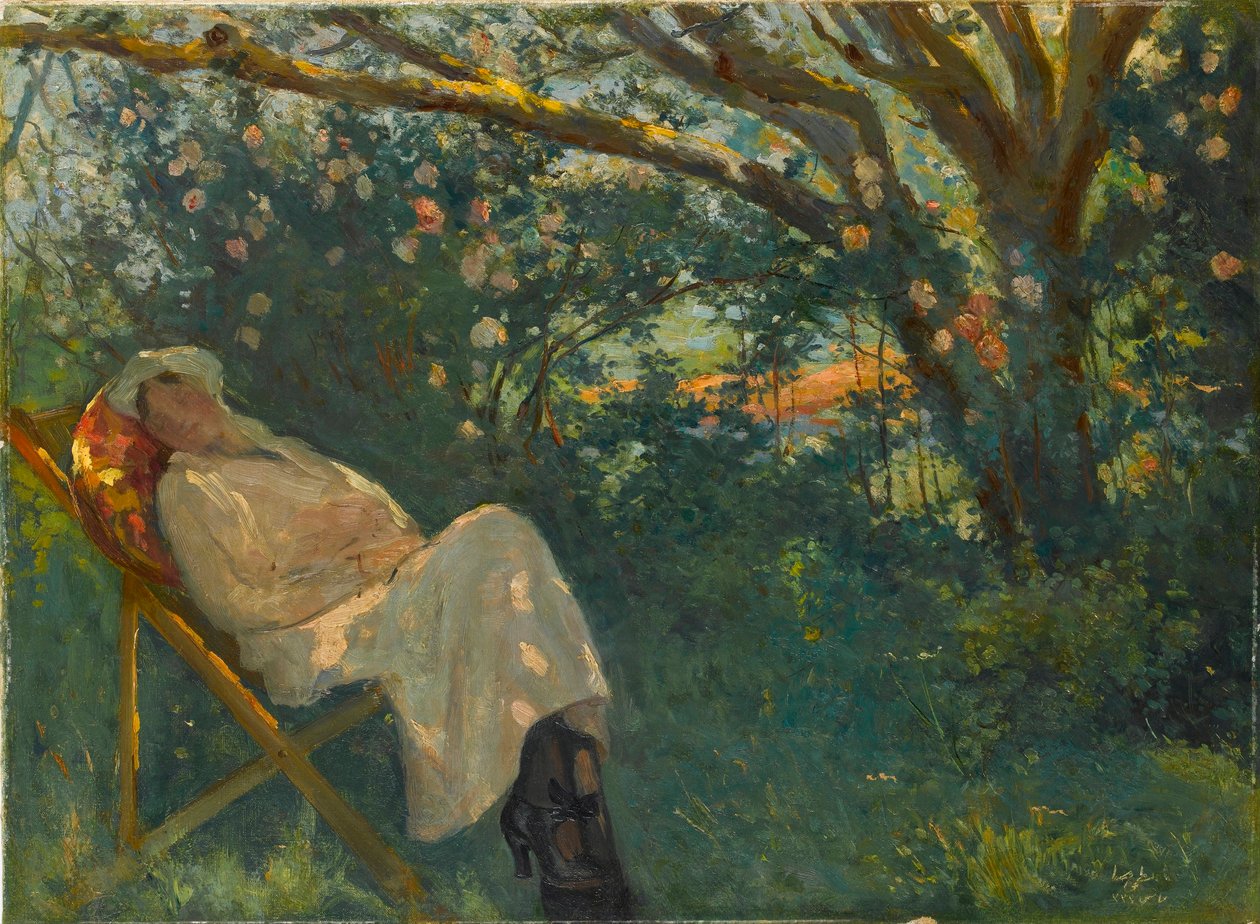 Nazmi Ziya Gueranin (1881-1937) maalaus "Vaaleanpunainen nainen lepotuolissa" - 1904 - Öljy kankaalle Koko 54x73 cm Sakip Sabanci -museo, Istanbul tekijältä Nazmi Ziya Gueran