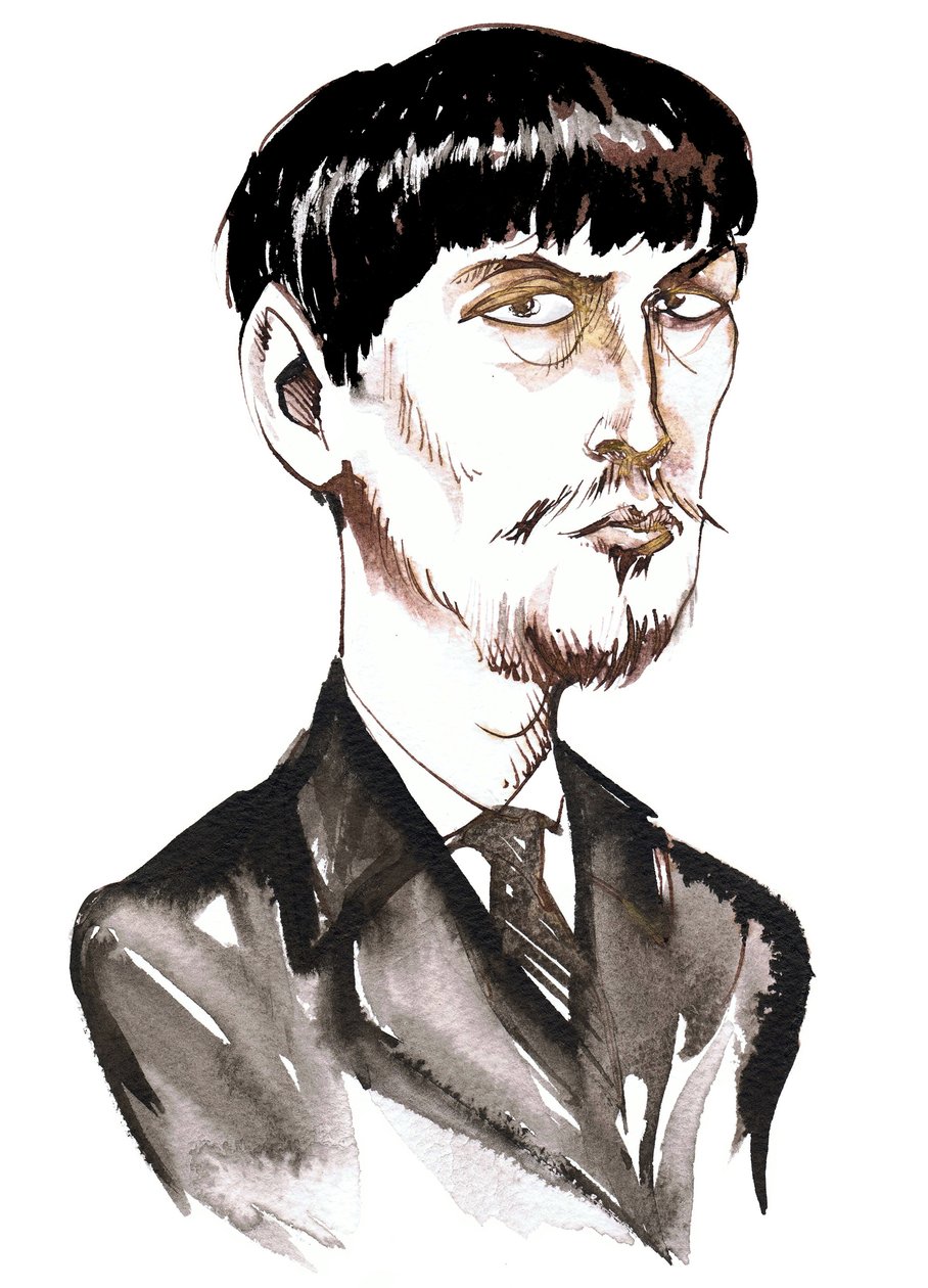 Achille-Claude Debussy, ranskalainen säveltäjä (1862-1918), mustepilakuva nuorena miehenä tekijältä Neale Osborne