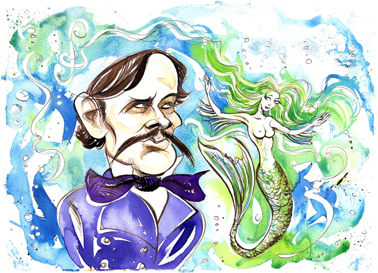 Aleksanteri Dargomyžski - karikatyyri venäläisestä säveltäjästä, kuvituksella Rusalka (1855) tekijältä Neale Osborne