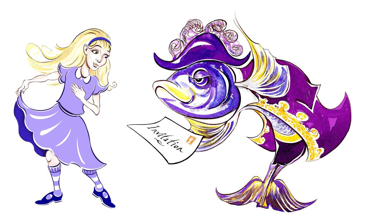 Alice and the Fish Footman - kuvitus Lewis Carrollin teokseen Liissan seikkailut ihmemaassa (1865), 2005 tekijältä Neale Osborne