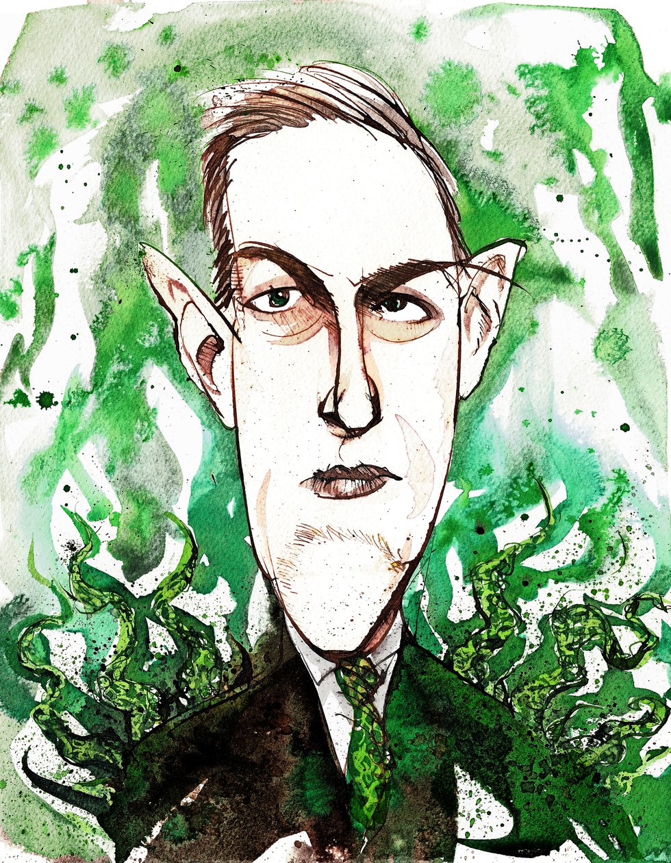 Amerikkalainen kauhu- ja tieteiskirjailija Howard Phillips Lovecraft (1890-1937); karikatyyri. tekijältä Neale Osborne