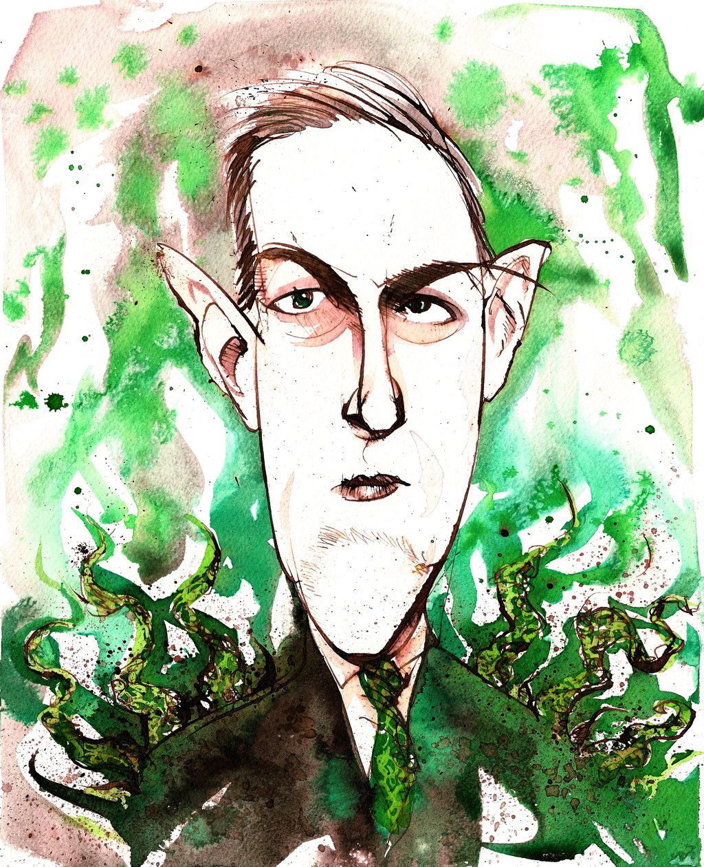 amerikkalainen kauhu- ja tieteiskirjailija Howard Phillips Lovecraft (1890-1937); karikatyyri tekijältä Neale Osborne