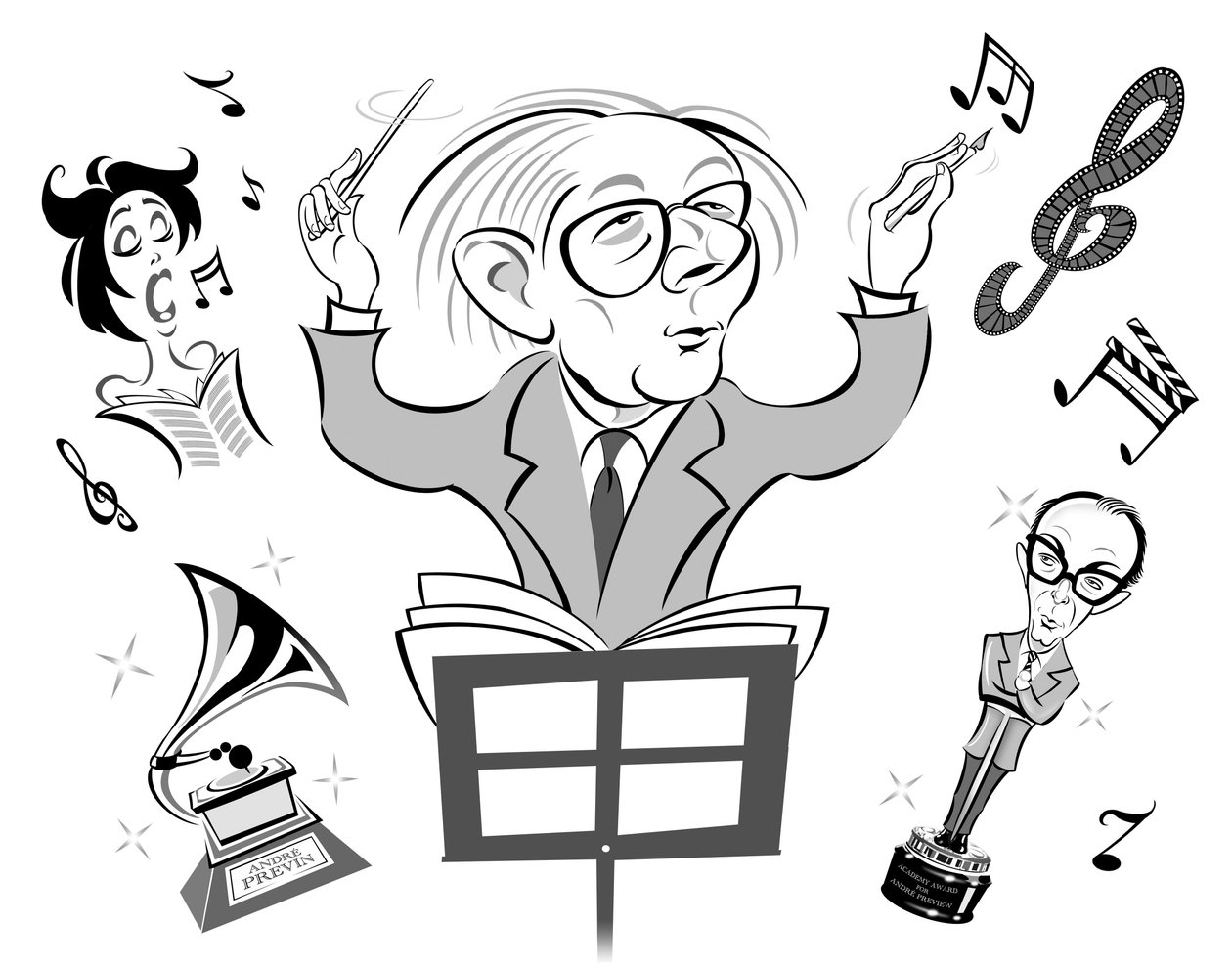 Andre Previn, saksalaissyntyinen amerikkalainen pianisti, säveltäjä ja kapellimestari (s. 1929); karikatyyri johtaminen ja elokuvamusiikin kirjoittaminen; ja Eric Morecambe Oscar-palkinnolla viitaten Previnsin esiintymiseen tekijältä Neale Osborne