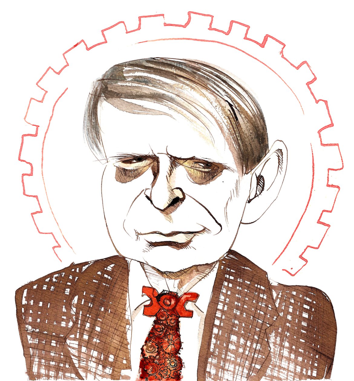 Anthony Burgess, englantilainen kirjailija, kriitikko, runoilija, näytelmäkirjailija, kääntäjä ja säveltäjä; karikatyyri kellooranssilla solmiolla viitaten hänen novelliinsa A Clockwork Orange (1962) AB: 25. helmikuuta 1917 tekijältä Neale Osborne