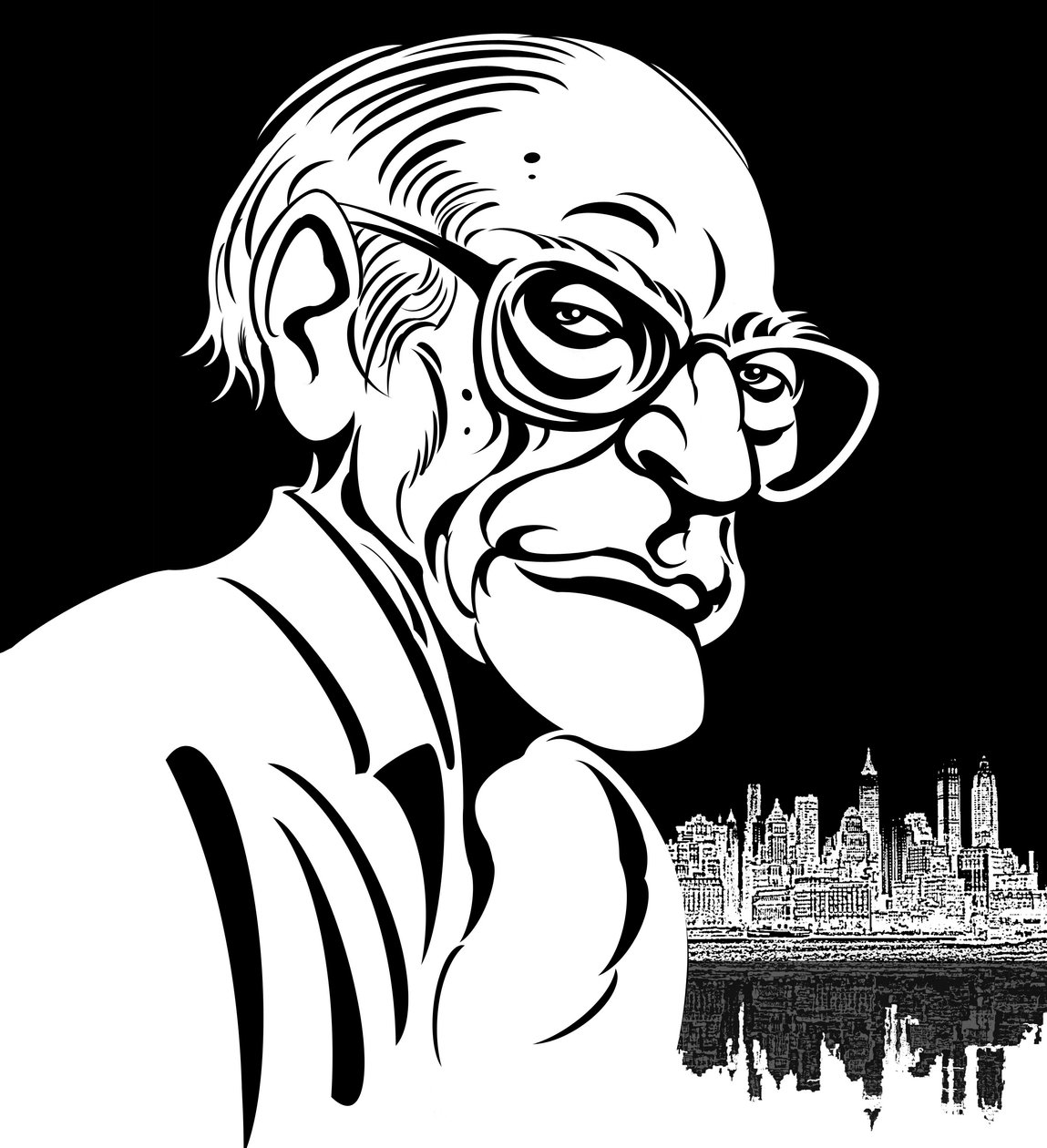 Arthur Miller, yhdysvaltalainen näytelmäkirjailija (1915-2005); mustavalkoinen karikatyyri tekijältä Neale Osborne