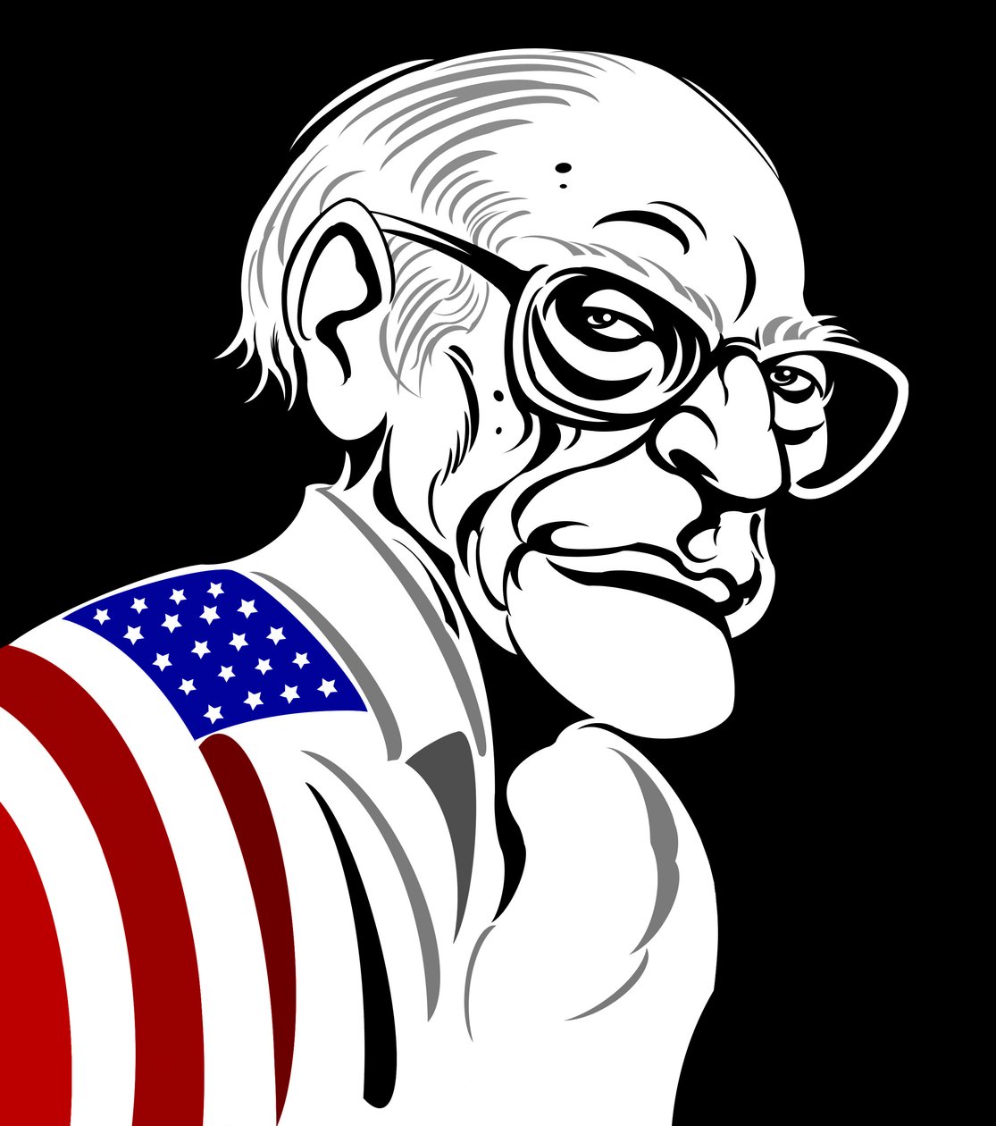 Arthur Miller, yhdysvaltalainen näytelmäkirjailija (1915-2005); mustavalkoinen - värikarikatyyri, verhottu Yhdysvaltain lippuun tekijältä Neale Osborne