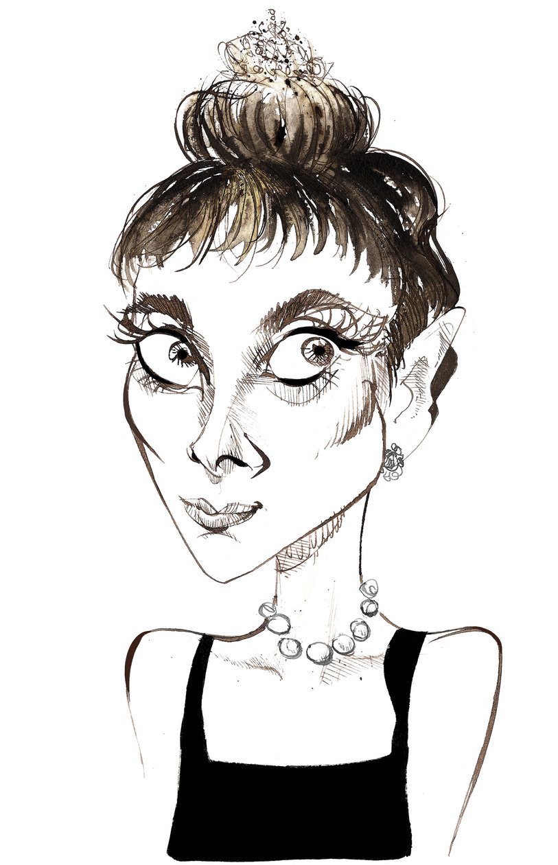 Audrey Hepburn (1929-1993) belgialaissyntyinen näyttelijä, värikarikatyyri Holly Golightlynä vuoden 1961 elokuvasta Breakfast at Tiffanys (ohjaaja Blake Edwards) tekijältä Neale Osborne