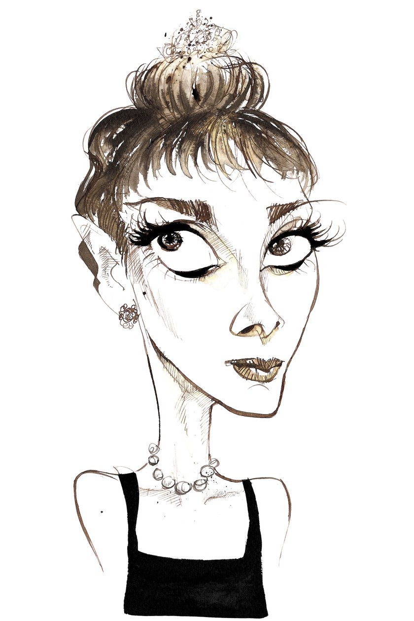 Audrey Hepburn (1929-1993) belgialaissyntyinen näyttelijä, värikarikatyyri Holly Golightlynä vuoden 1961 elokuvasta Breakfast at Tiffanys (ohjaaja Blake Edwards) tekijältä Neale Osborne