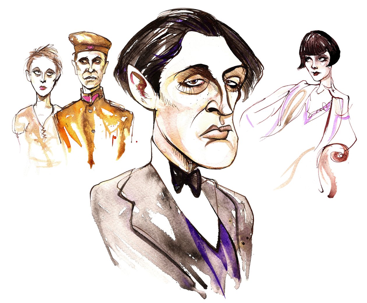 Itävaltalainen säveltäjä Alban Berg (1885-1935); karikatyyri, jossa on hahmoja hänen kahdesta oopperastaan: Wozzeck vuodelta 1925 ja Lulu vuodelta 1935. tekijältä Neale Osborne