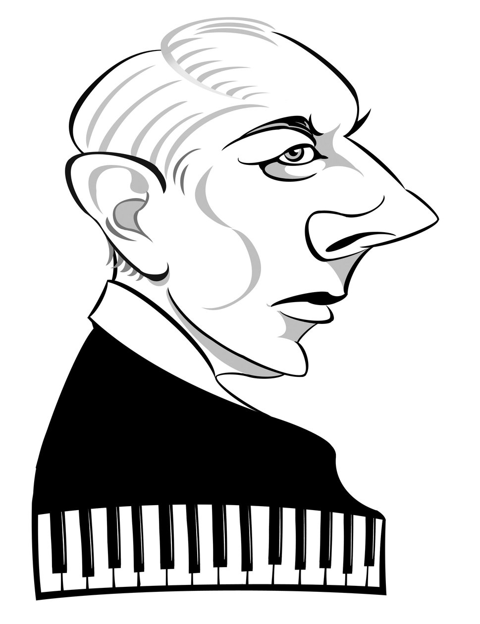 Bela Bartok - unkarilainen säveltäjä ja pianisti (1881-1945); mustavalkoinen karikatyyri tekijältä Neale Osborne