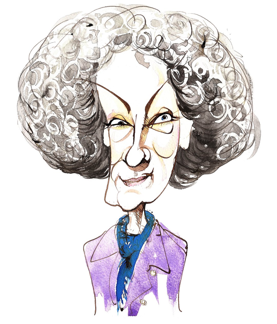 kanadalainen kirjailija ja runoilija Margaret Atwood (s. 1939); karikatyyri tekijältä Neale Osborne