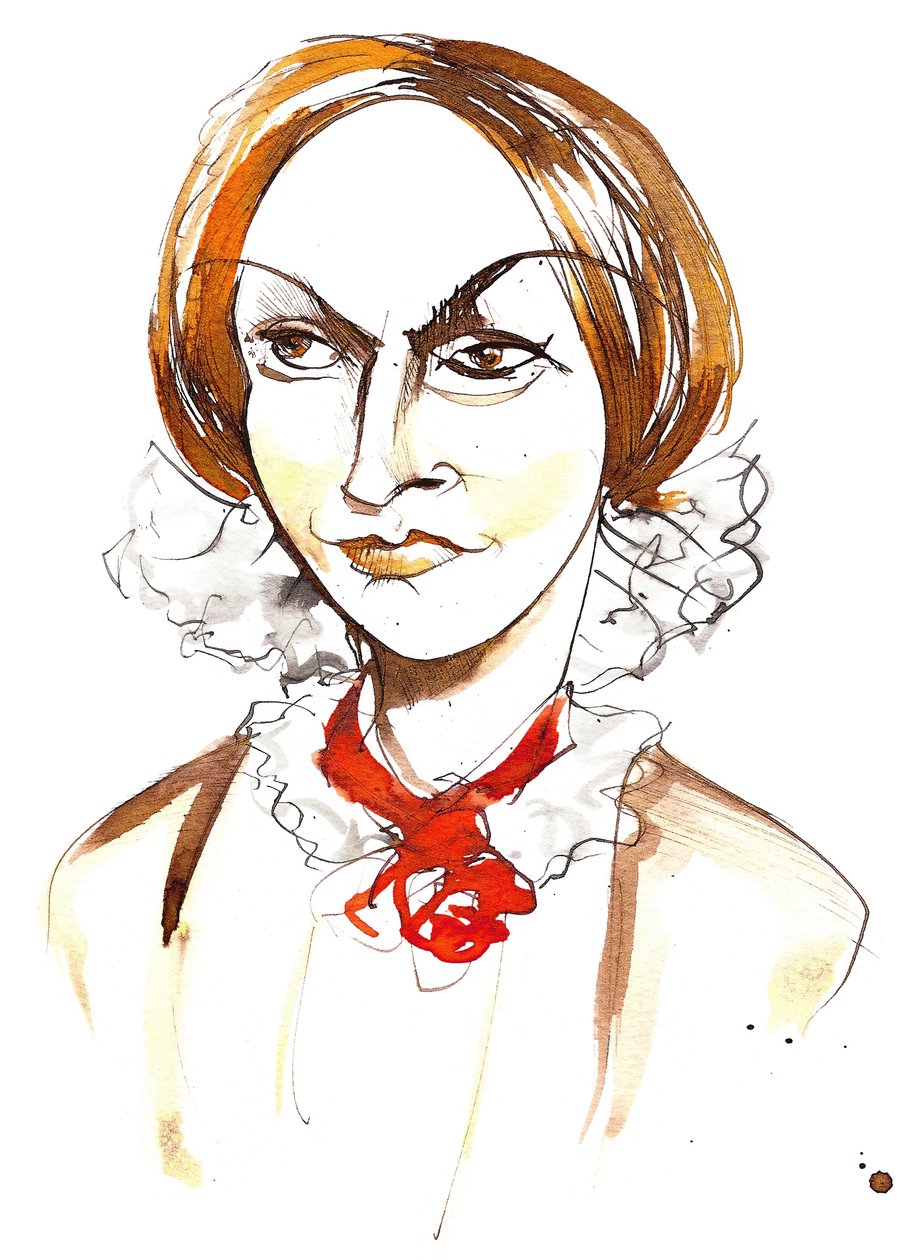 Charlotte Bronte - englantilainen kirjailija ja runoilija (1816 - 1855); värillinen karikatyyri tekijältä Neale Osborne