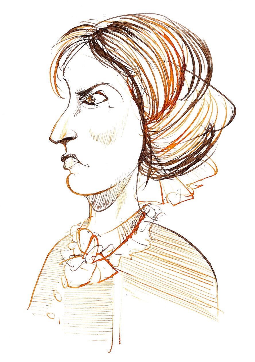 Charlotte Bronte - englantilainen kirjailija ja runoilija (1816 - 1855); karikatyyri profiilissa tekijältä Neale Osborne