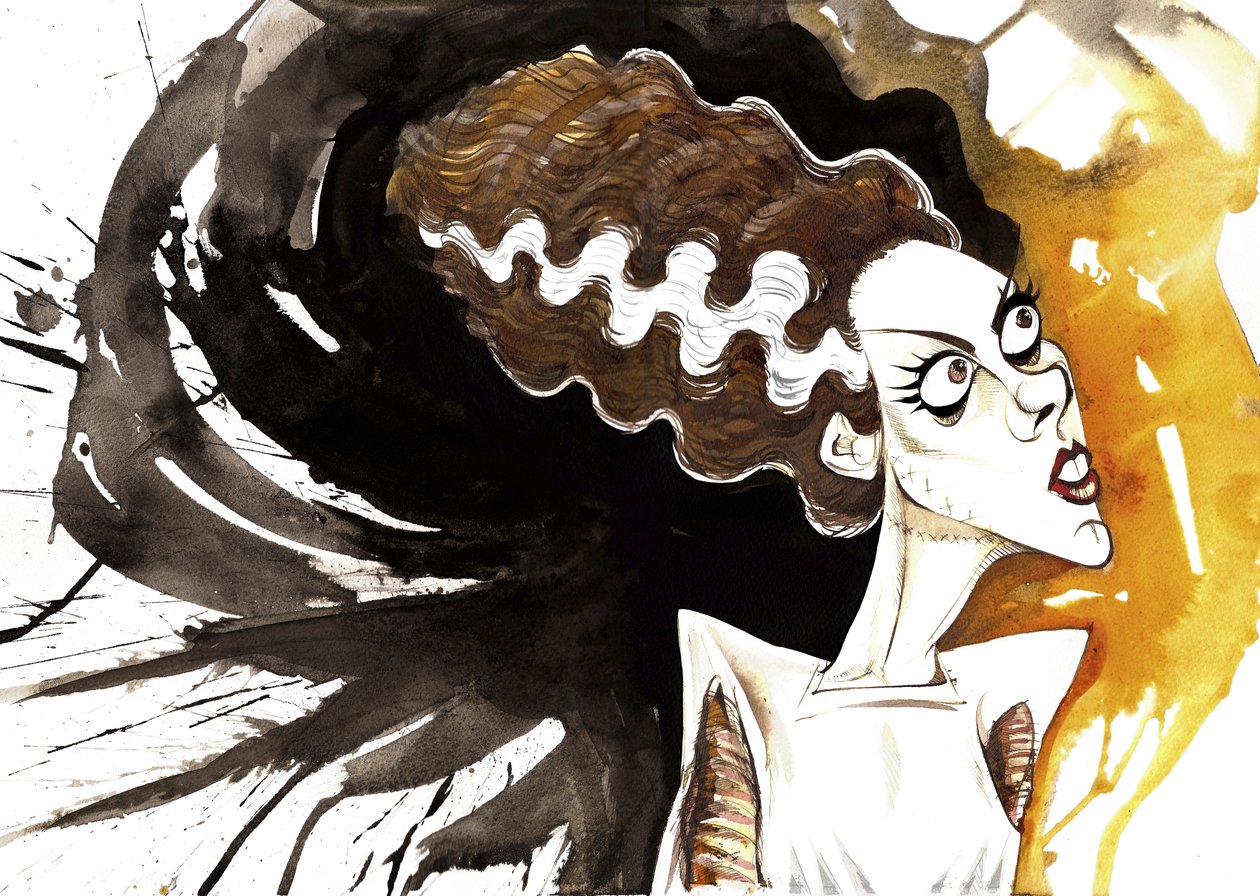 Elsa Lanchester, englantilainen näyttelijä (1902 - 1986); sarjakuva morsiamena vuoden 1935 elokuvasta Bride of Frankenstein, ohjaaja James Whale (englannin näyttelijä ja ohjaaja, 1889-1957) tekijältä Neale Osborne