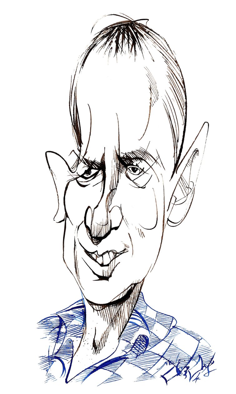 Frank Skinner - karikatyyri englantilaisesta koomikosta, näyttelijästä, kirjailijasta ja juontajasta, syntynyt 1957 tekijältä Neale Osborne