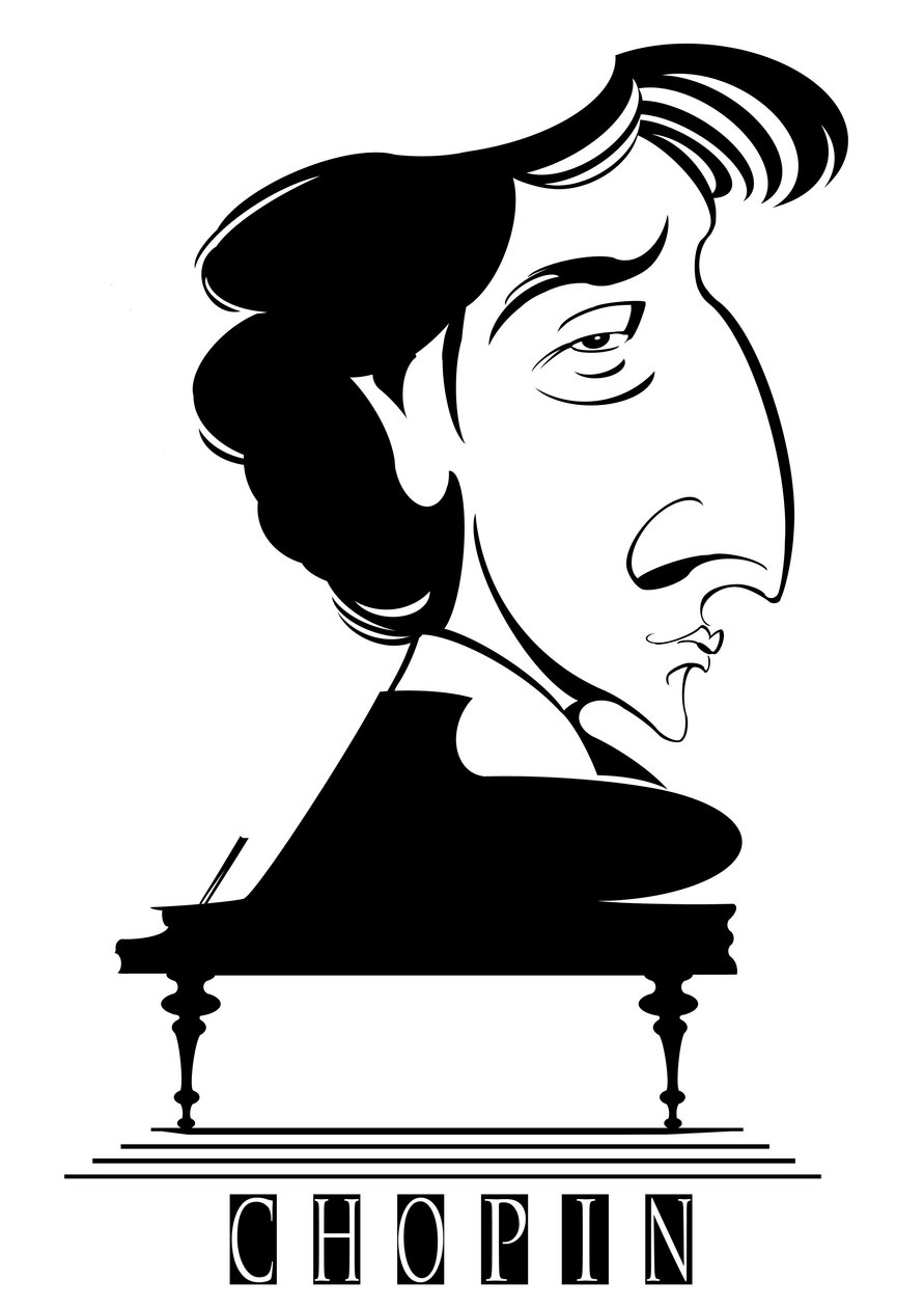 Frederic Chopin, ranska - puolalaissyntyinen säveltäjä ja pianisti (1810-49), bw graafinen karikatyyri pianolla tekijältä Neale Osborne