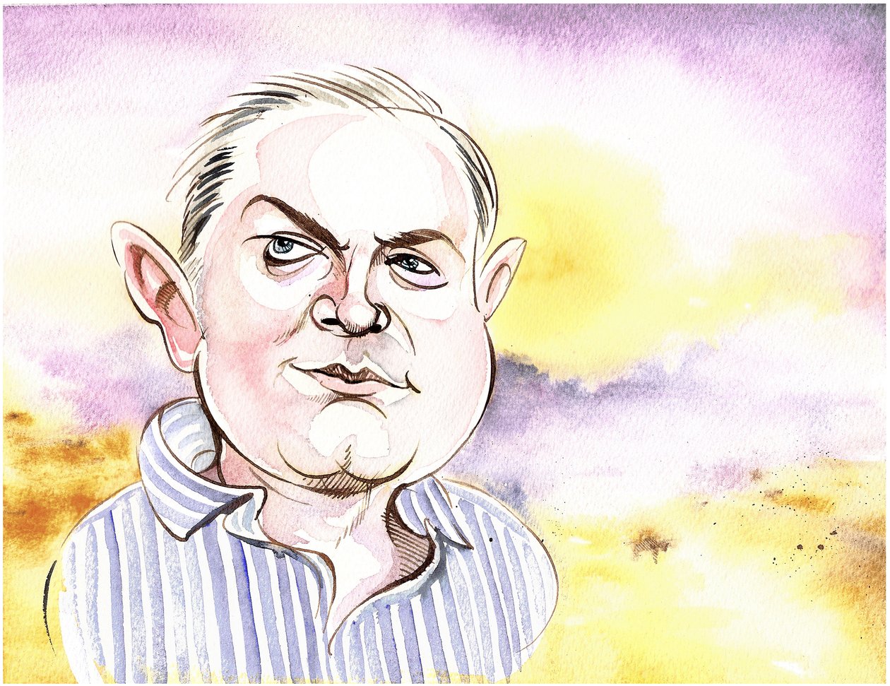George Benjamin - karikatyyri taustamaisemalla, viittaus At First Lightiin, Benjaminsin orkesteriteos vuodelta 1982 tekijältä Neale Osborne