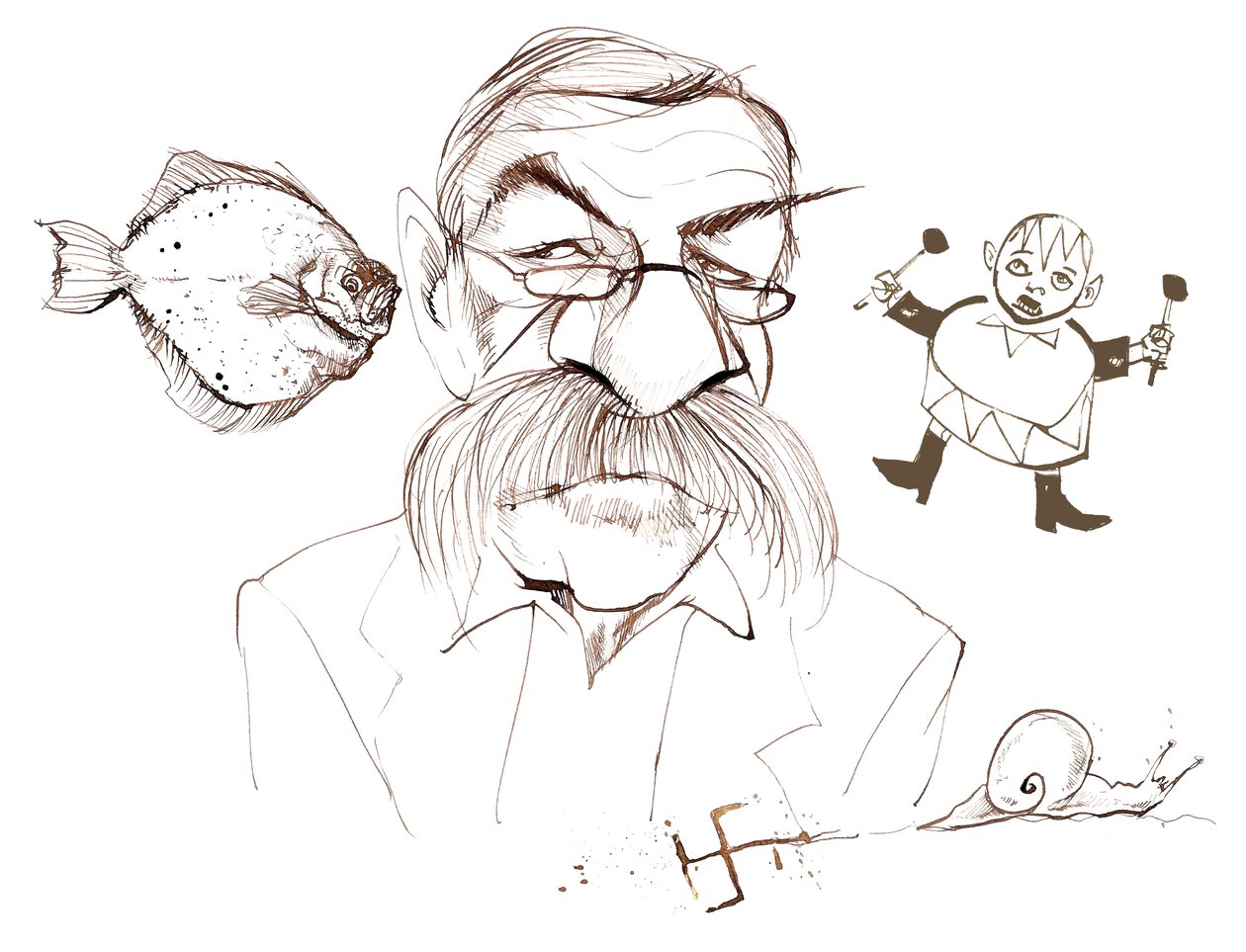 Günter Grass, saksalainen kirjailija, runoilija, näytelmäkirjailija ja taiteilija; karikatyyri viittauksilla hänen kirjoihin: Kampela - Der Butt (1977 romaani); Etanan päiväkirjasta - Aus dem Tagebuch einer Schneke ( tekijältä Neale Osborne