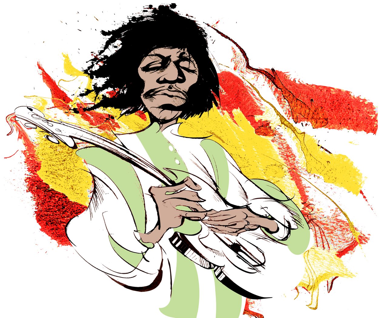Jimi Hendrix, yhdysvaltalainen kitaristi (1942-70), värikarikatyyri tekijältä Neale Osborne