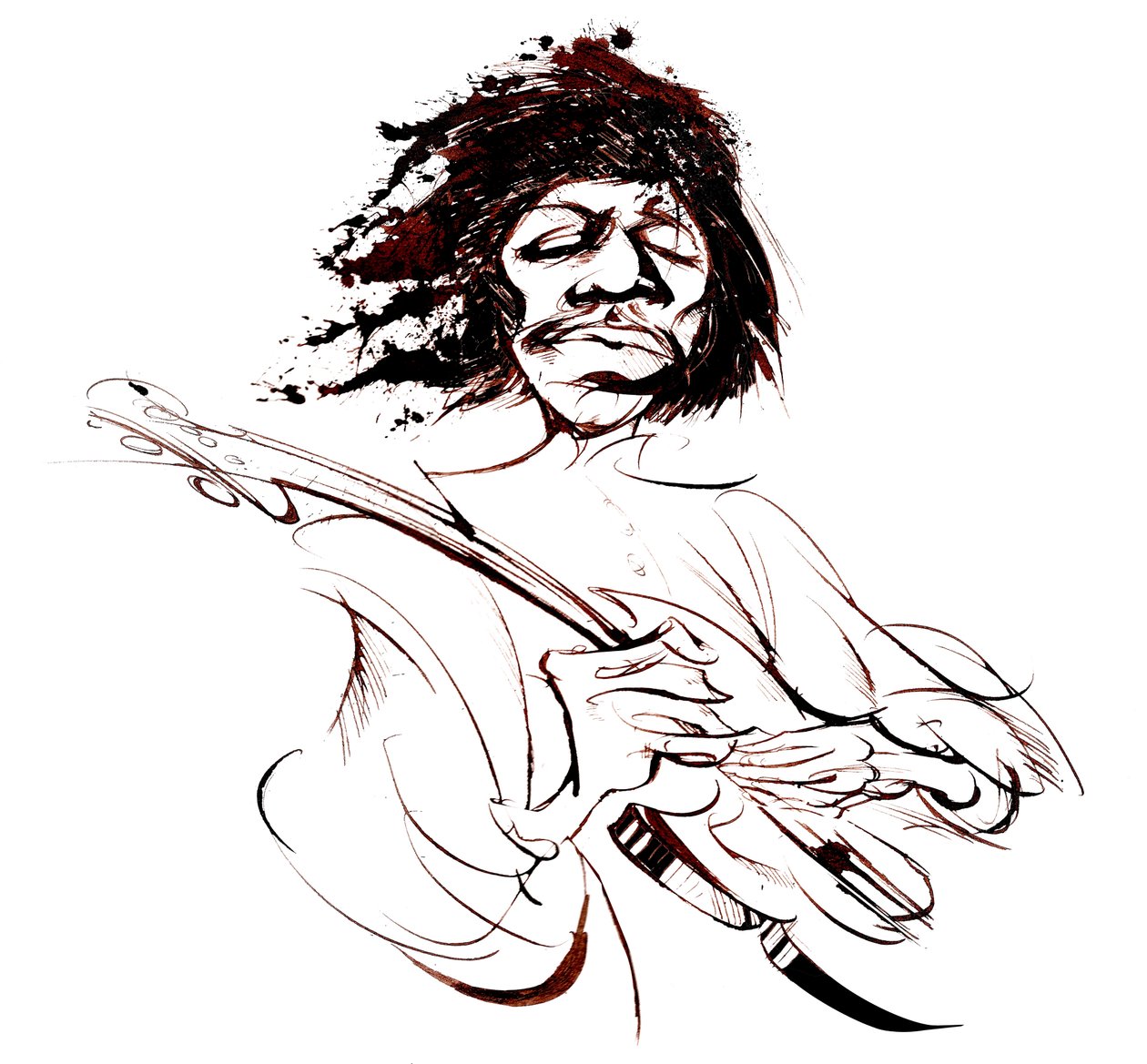 Jimi Hendrix, yhdysvaltalainen kitaristi (1942-70), seepiaviivainen karikatyyri tekijältä Neale Osborne