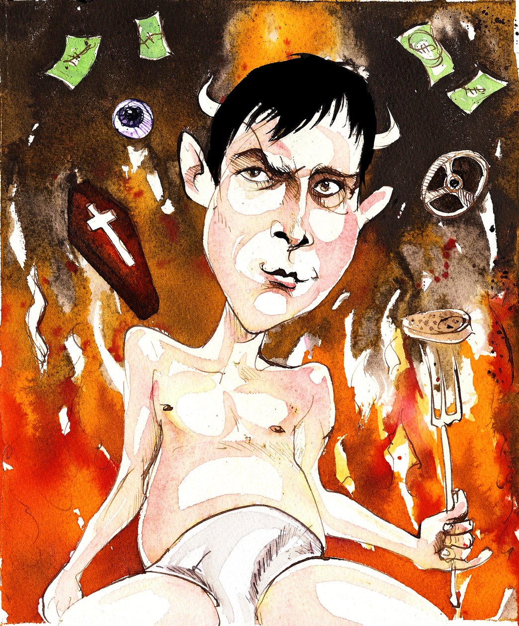 Joe Orton, englantilainen kirjailija ja näytelmäkirjailija; karikatyyri, jossa viitataan hänen näytelmiinsä Entertaining Mr Sloane (vuodelta 1964) ja Loot (vuodelta 1965). tekijältä Neale Osborne