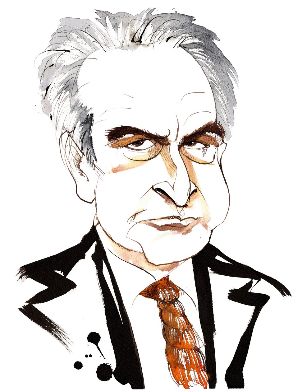 John Banville, irlantilainen kirjailija ja käsikirjoittaja; rikoskirjailija, kirjailijanimeltään Benjamin Black; karikatyyri, jolla on silmukkasolmio. tekijältä Neale Osborne