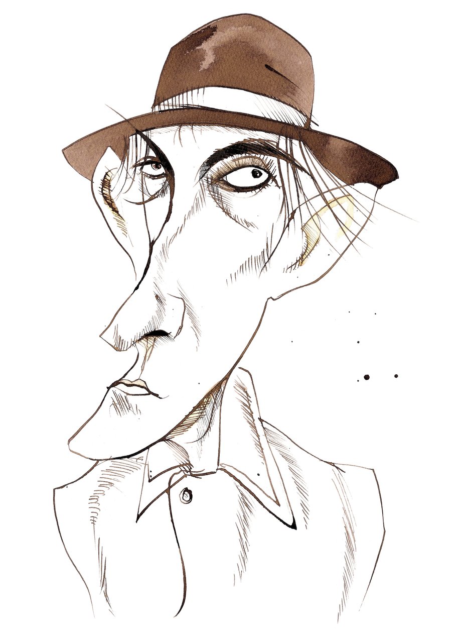 Peter Cook, englantilainen komedianäyttelijä ja kirjailija (1937 - 95), karrikoitu hahmo E tekijältä Neale Osborne