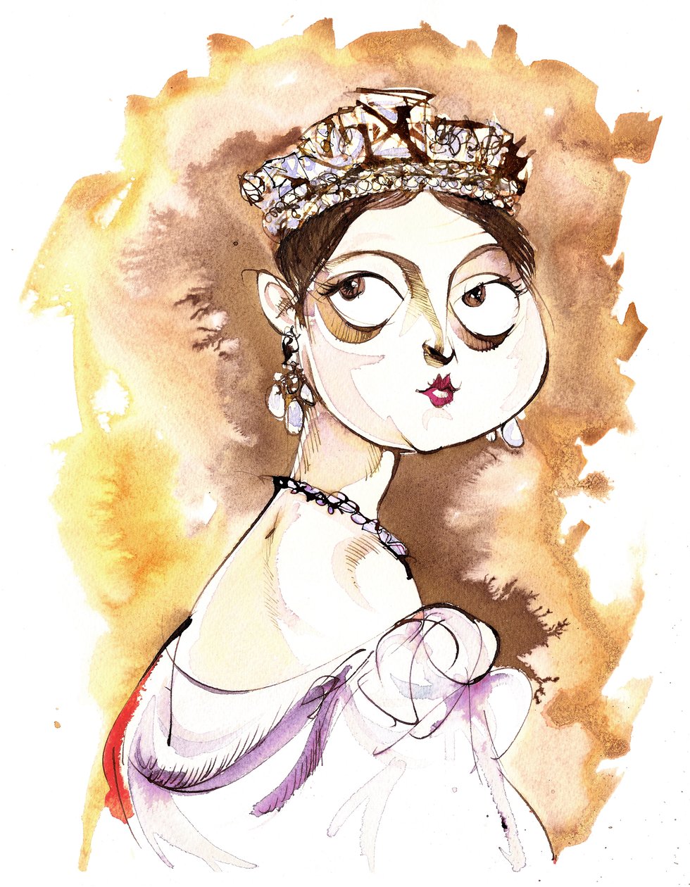Ison-Britannian kuningatar Victoria Englannin hallitsija (1819-1901); karikatyyri (Thomas Sullyn maalauksen mukaan vuodelta 1838) tekijältä Neale Osborne