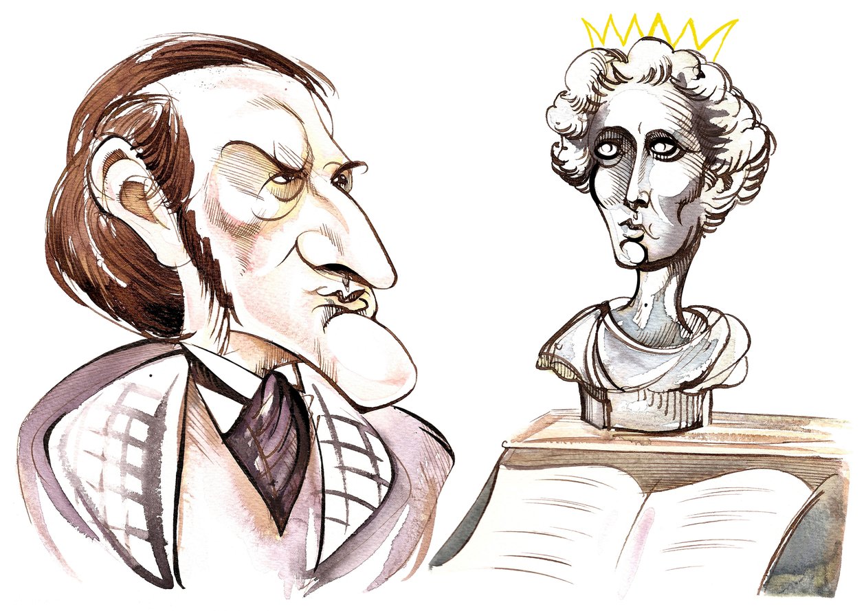 Richard Wagner - karikatyyri saksalaisesta säveltäjästä Baijerin hullun kuninkaan Ludwig II:n (1845-86) rintakuvalla tekijältä Neale Osborne