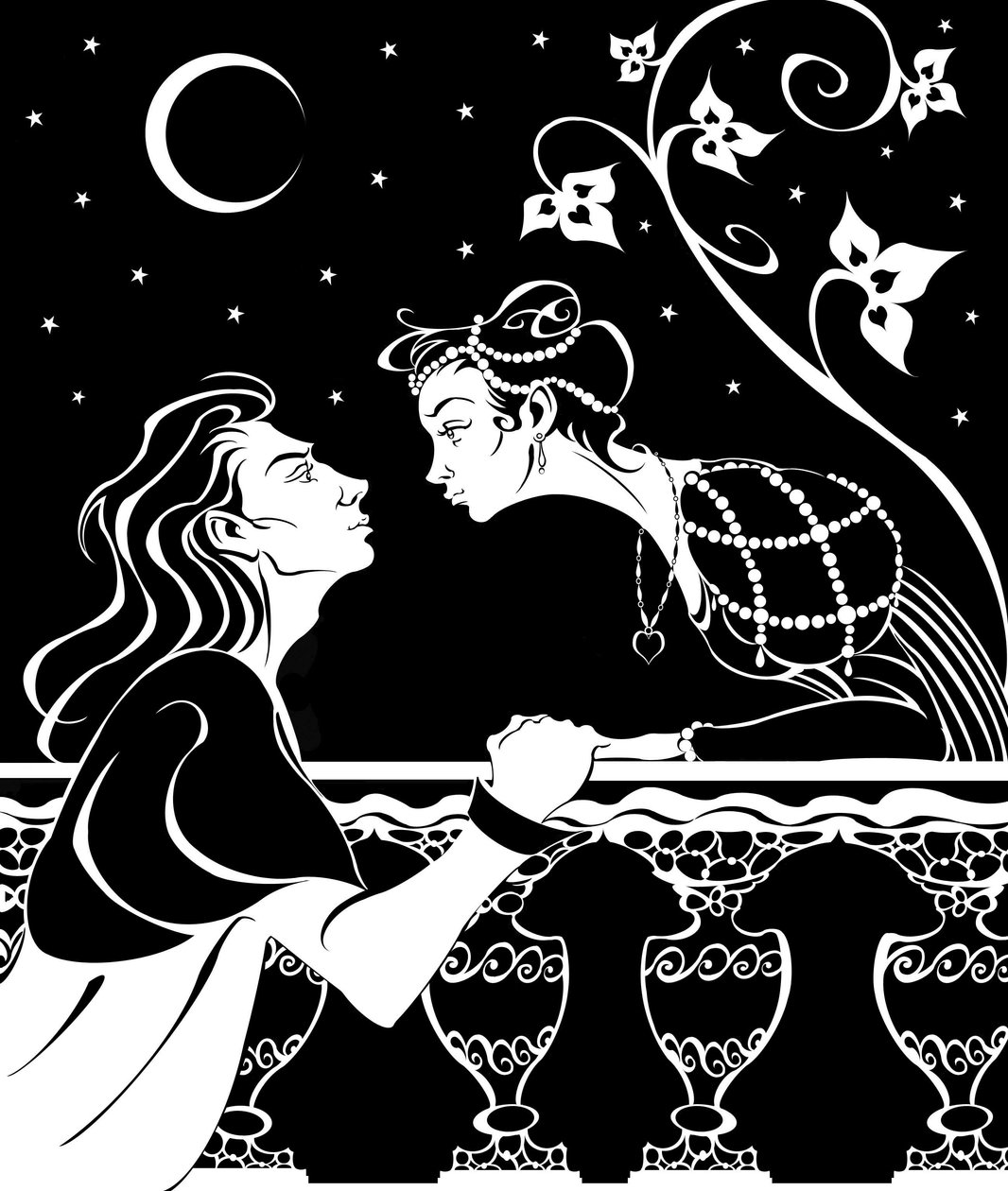 Romeo ja Julia - kuvitus parvekekohtauksesta William Shakespearen näytelmästä. tekijältä Neale Osborne