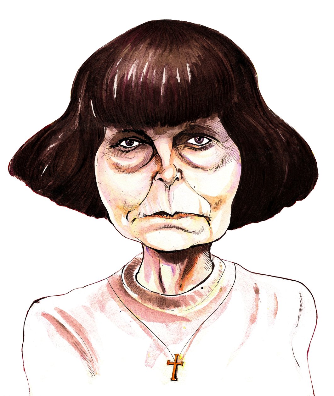 Sofia Gubaidulina, venäläinen säveltäjä, värimusteen karikatyyri tekijältä Neale Osborne