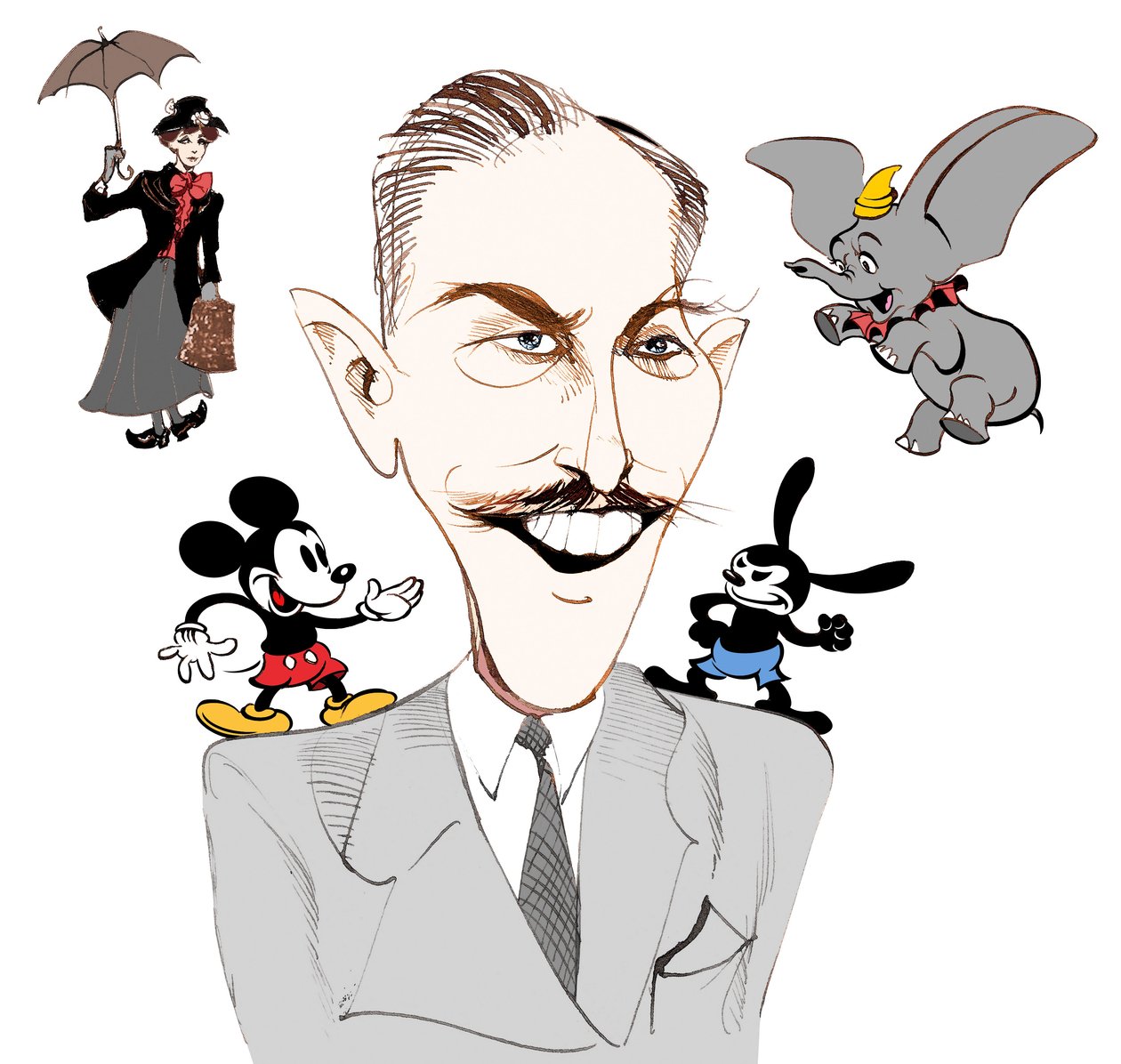 Walt Disney, yhdysvaltalainen elokuvatuottaja, liikemagnaatti, sarjakuvapiirtäjä ja animaattori; piirretty Mary Poppinsin kanssa tekijältä Neale Osborne