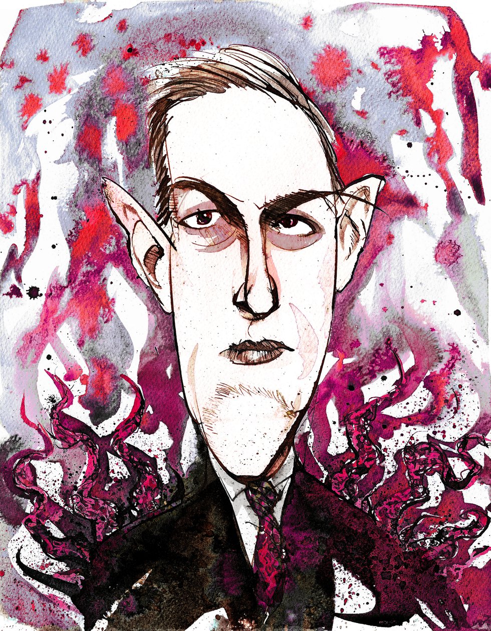 amerikkalainen kauhu- ja tieteiskirjailija Howard Phillips Lovecraft (1890-1937); karikatyyri tekijältä Neale Osborne