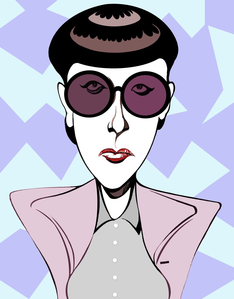 Edith Head, amerikkalainen pukusuunnittelija (1907 - 1981), värillinen karikatyyri tummilla silmälaseilla. tekijältä Neale Osborne