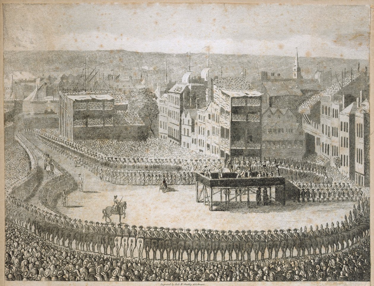 "Kinallisherrojen teloitus vuonna 1745", Tower Hill, Lontoo, 1700-luku tekijältä Neele and Stockley