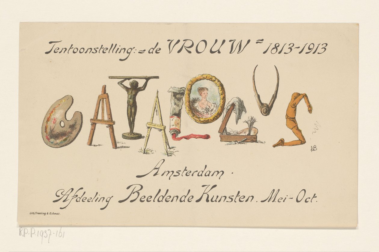Ilmoituskortti näyttelystä De Vrouw, 1813-1913 (nimi esineessä) tekijältä Nelly Bodenheim (signed by artist)