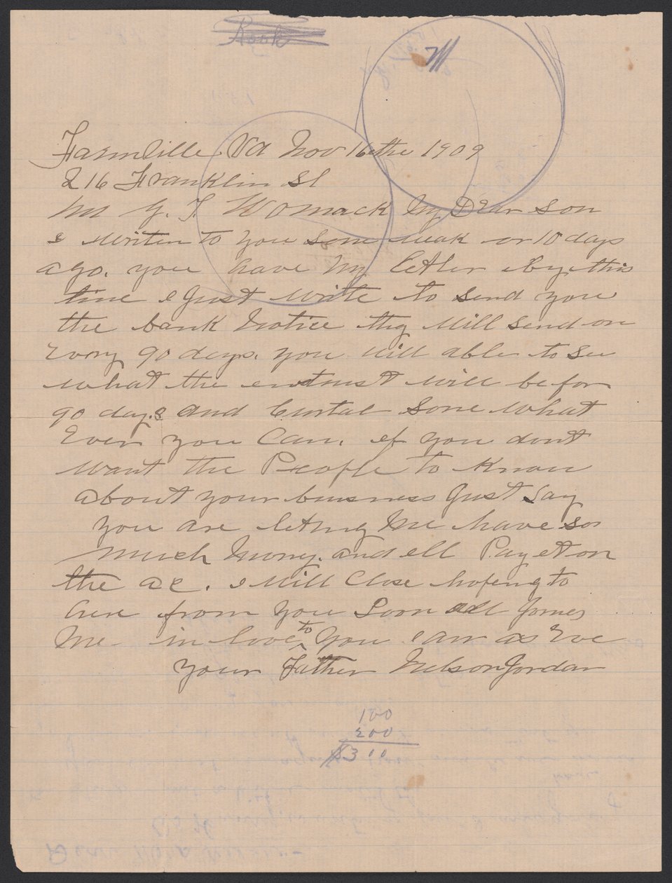 Kirje Nelson Jordanilta Julia Womackille kirjekuorella, 16. marraskuuta 1909. tekijältä Nelson Jordan