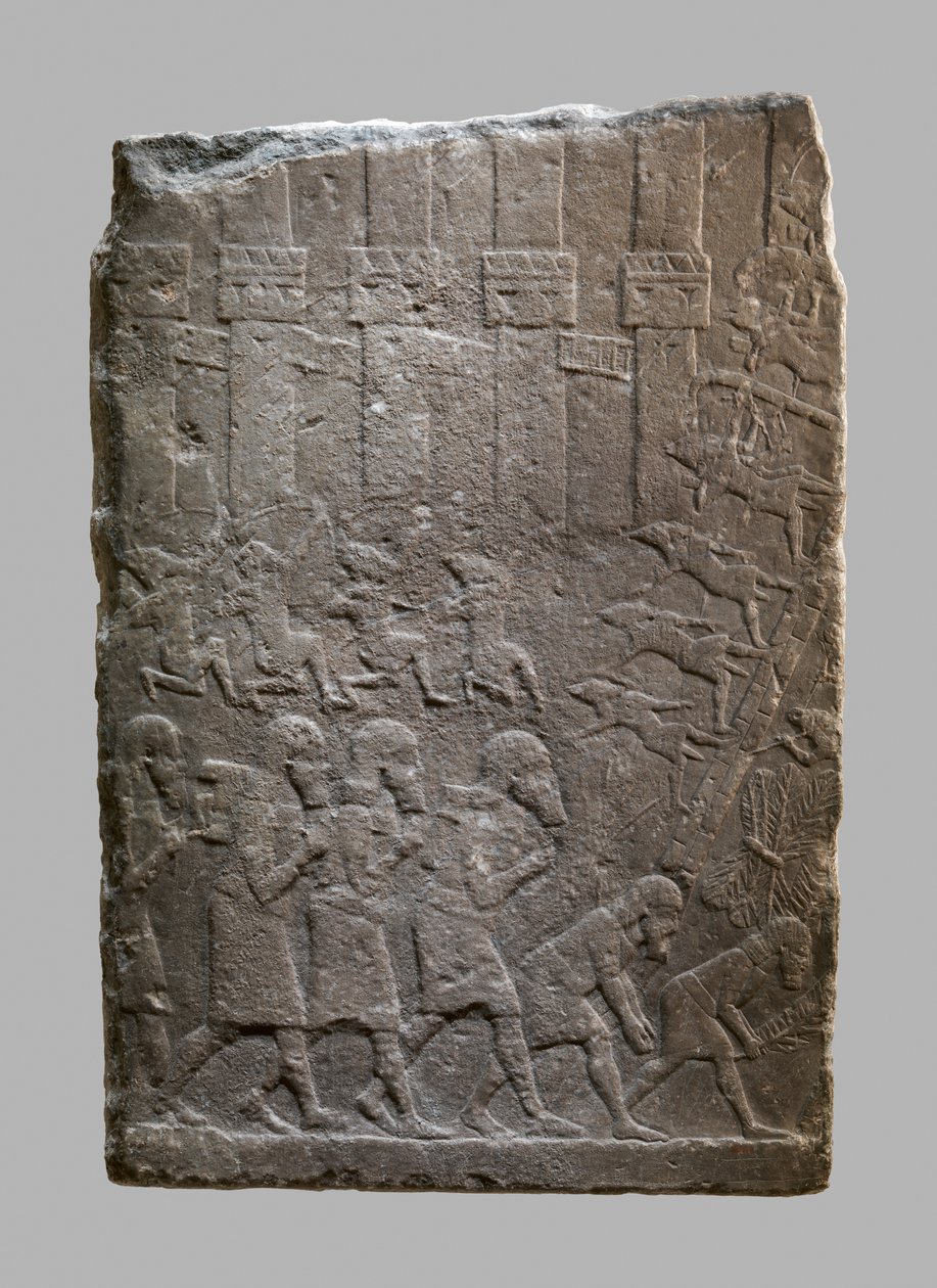 Taistelukohtaus, jossa assyrialaiset hyökkäävät linnoitukseen, noin 704-681 eKr. (kipsialabasteri). tekijältä Neo Assyrian