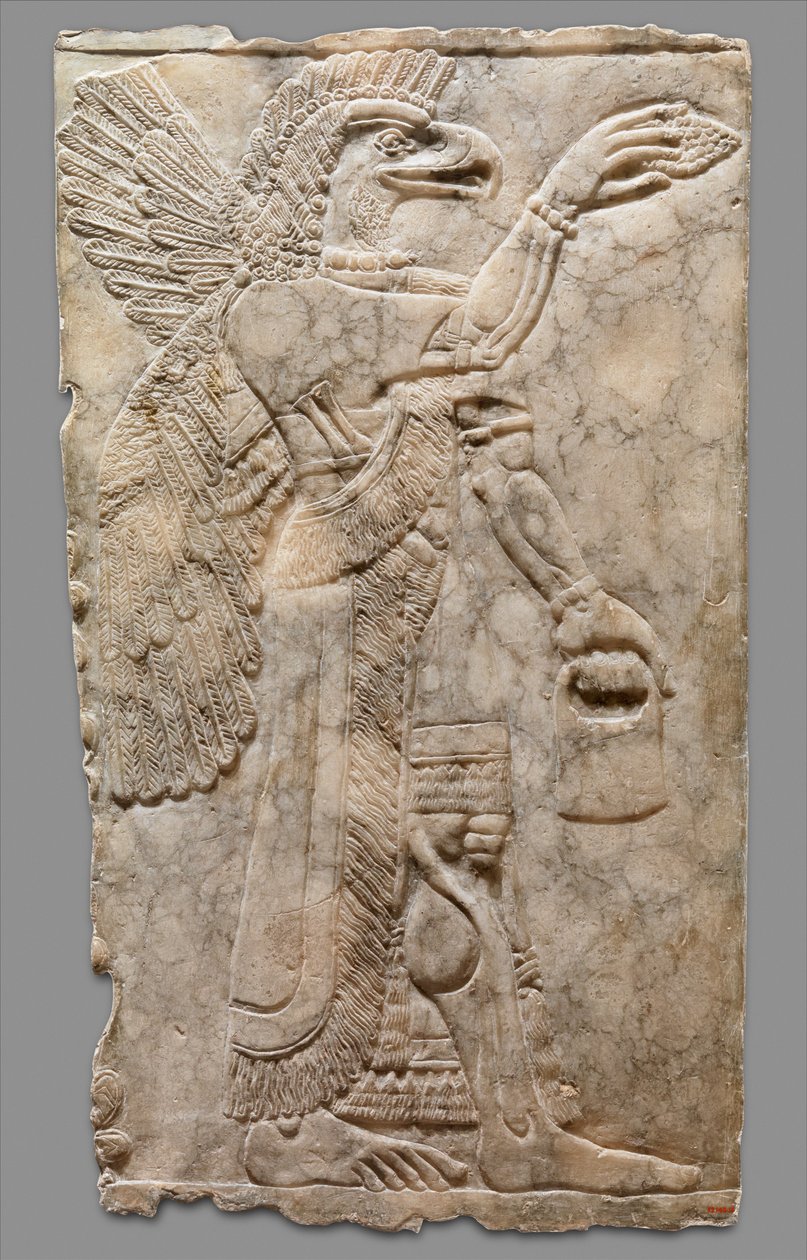 Reliefipaneeli, jossa on siivekäs kotkanpääinen yliluonnollinen hahmo, noin 883-59 eKr. (kipsialabasteri). tekijältä Neo Assyrian