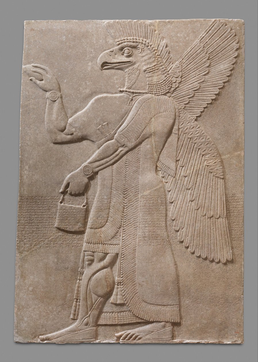 Siivekäs kotkanpääinen yliluonnollinen hahmo, noin 883–59 eaa. (kipsi alabasteri) tekijältä Neo Assyrian