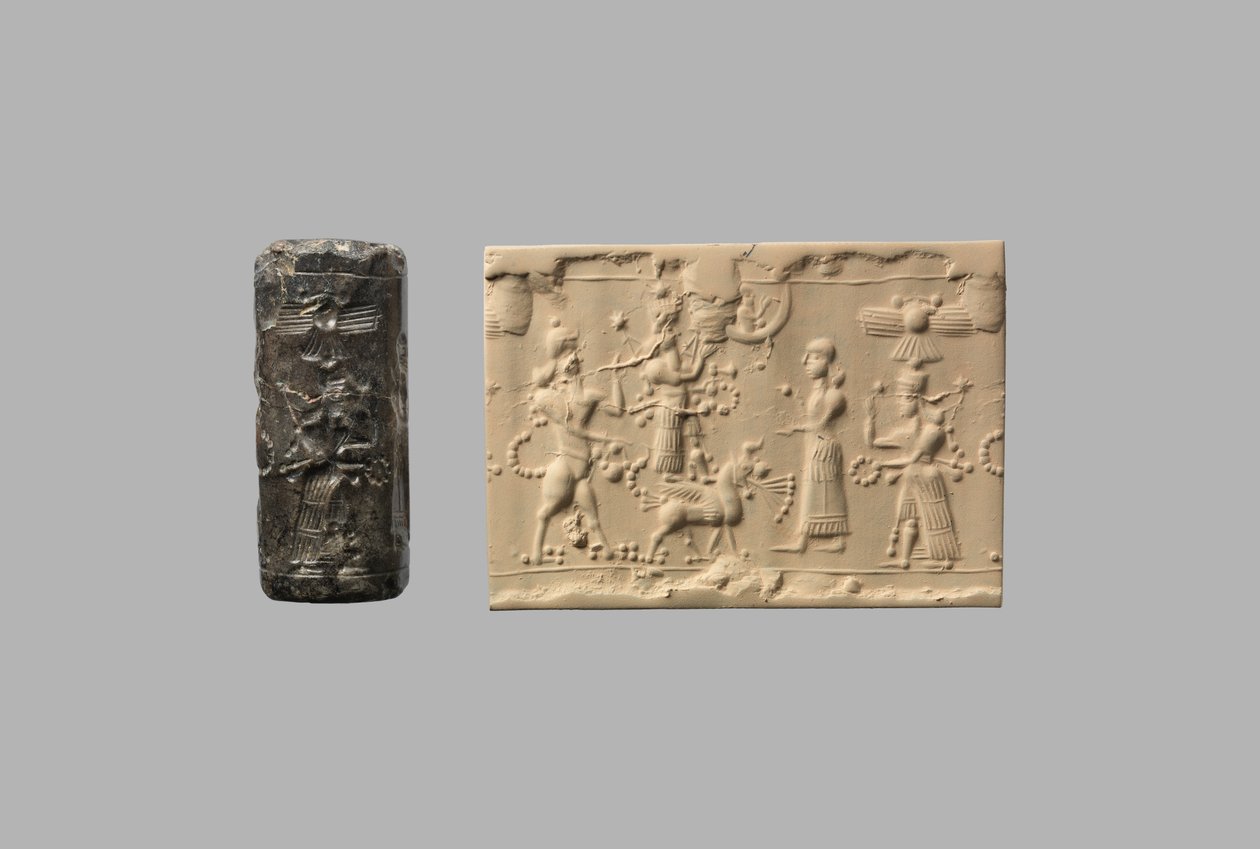Sylinteritiiviste skorpionimiehen ja nykyajan vaikutelman kanssa, n. 8-7-luvulla eKr. (kvartsi, kryptokiteinen) tekijältä Neo Assyrian