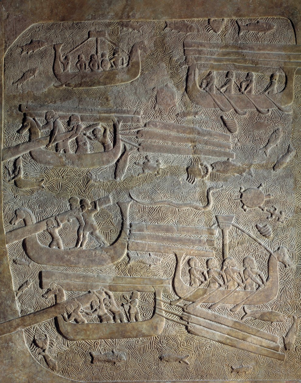 Mesopotamia uusassyrialaisella aikakaudella (noin 1000-612 eKr.): "" Meriretki, puun kuljetus Libanonista Foinikiaa pitkin, veneiden lastaus""" 8. vuosisata eaa. Khorsabadista (Khunsabad) Pariisista, Musee du Louvresta tekijältä Neo Assyrian Neo Assyrian