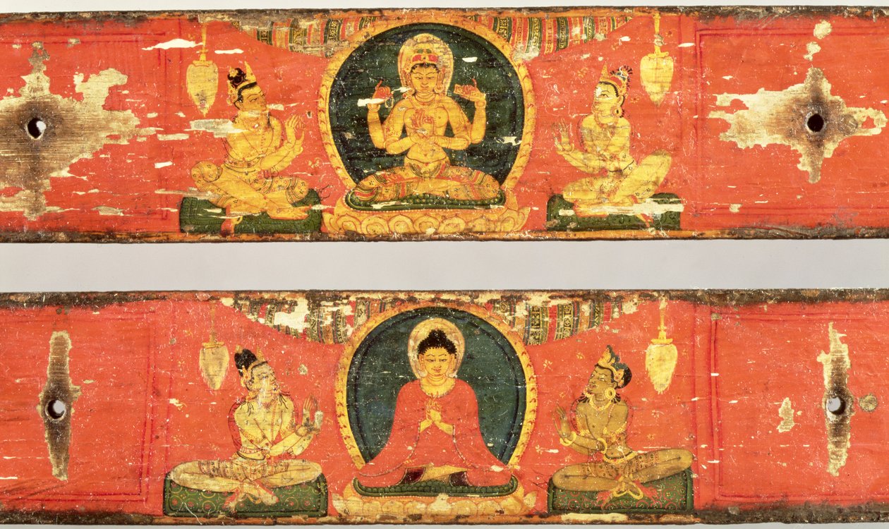 Istuvat Bodhisattva (Prajnaparamita) (ylhäällä) ja Buddha, joita ympäröi mandorla (alla) yksityiskohta Sutran kansista, n. 1100 (monivärinen puu) (yksityiskohta 114238) tekijältä Nepalese School