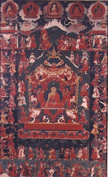 Buddha vihkii almujen vastaanottamisen käytäntöön, Prabha (riippuva käärö) -teoksesta tekijältä Nepalese School