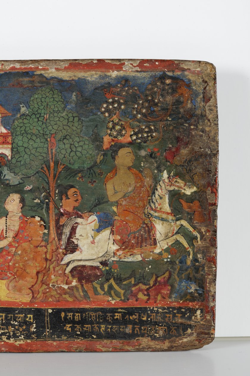 Yksityiskohta buddhalaisen käsikirjoituksen kannesta (läpinäkymätön akvarelli puulla) tekijältä Nepalese School